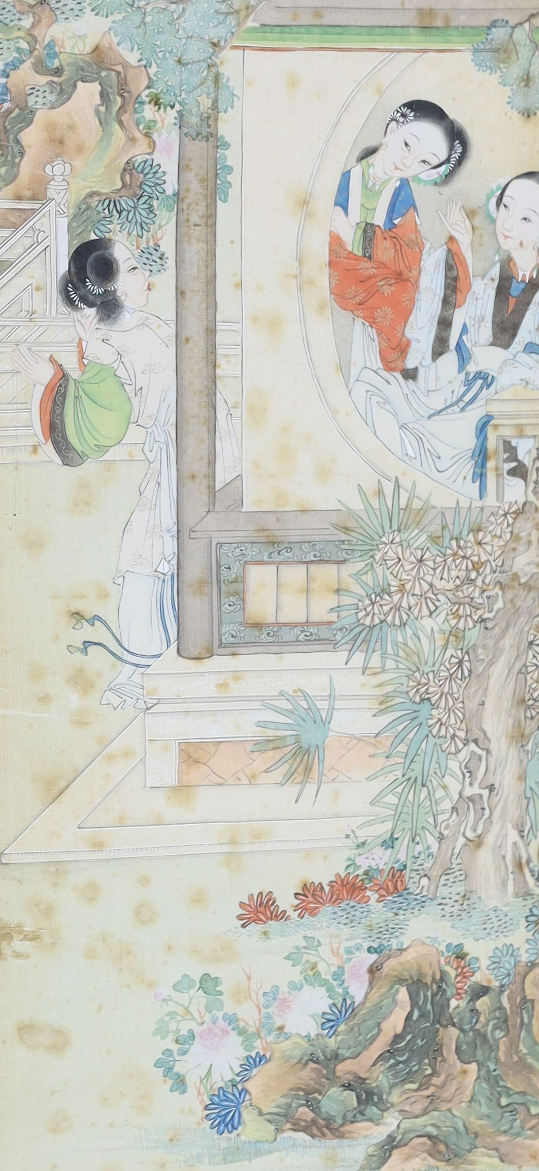 A set of four Chinese paintings on silk of ladies in pavilion gardens, 19th century each image 82 cm x 18.5 cm, damage